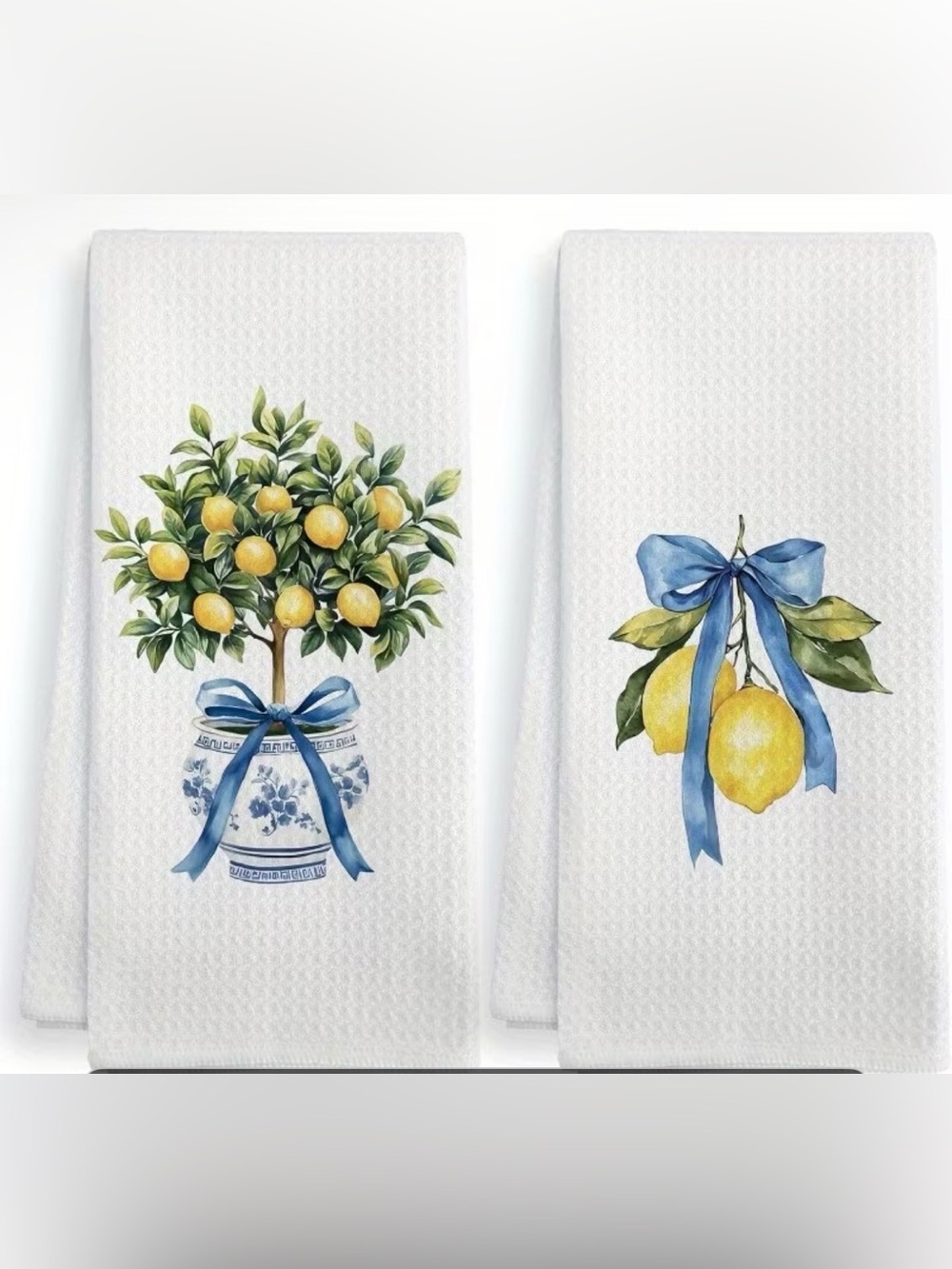 Lemon Tree Kitchen Towels with Blue Ribbon - Set of 2